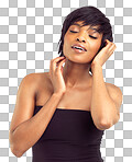 PNG studio portrait of a beautiful african woman in a black top looking serene