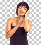 PNG of a elegant african woman touching her skin and hair with her eyes closed