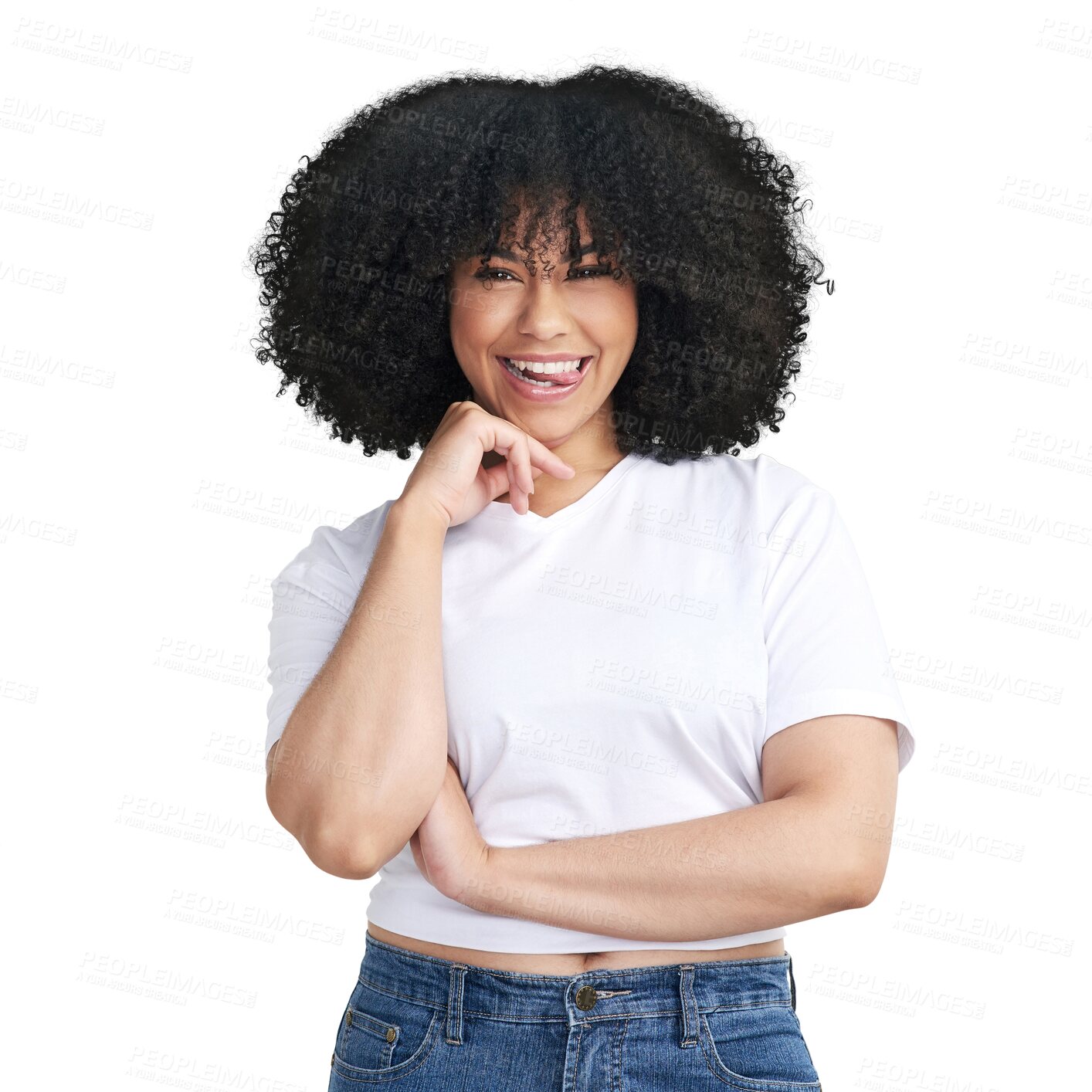 Buy stock photo Isolated woman, afro and tongue in portrait, smile and happy with funny face by transparent png background. African gen z girl, model or student with happiness, comic emoji or fashion with curly hair