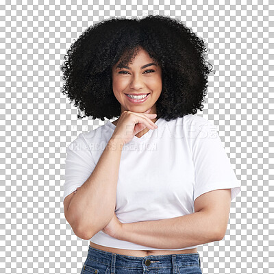 Buy stock photo Portrait, smile and black woman with fashion, casual outfit or funny girl isolated against a transparent background. Face, female person or model with happiness, trendy clothes or streetwear with png