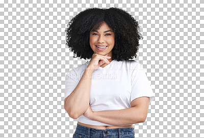 Buy stock photo Beauty, happy and portrait of a young woman with confidence, happiness and positive mindset. Excited, smile and face headshot of a female model from Mexico isolated by a transparent png background.