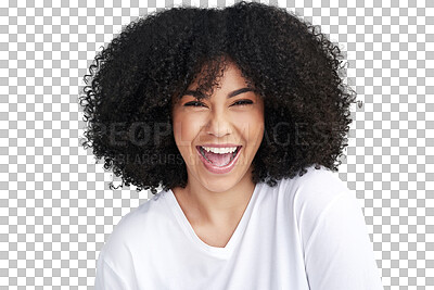 Buy stock photo Isolated woman, portrait and excited with afro, laugh or happiness by transparent png background. Girl, model or student with natural curly hair, happy and laughing with beauty, wellness or cosmetics