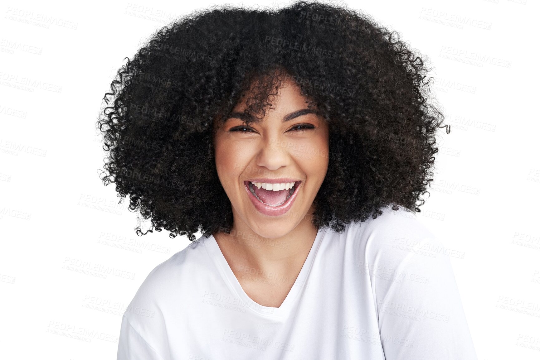 Buy stock photo Isolated woman, portrait and excited with afro, laugh or happiness by transparent png background. Girl, model or student with natural curly hair, happy and laughing with beauty, wellness or cosmetics