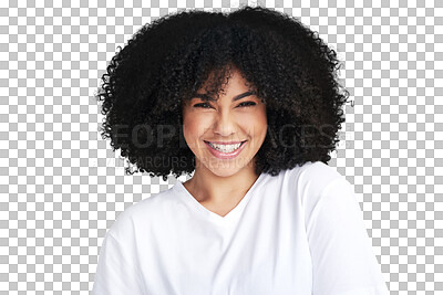 Buy stock photo Excited, young and portrait of beautiful woman with confidence, happy and positive mindset. Happy, smile and face headshot of female model with afro from Mexico isolated by transparent png background