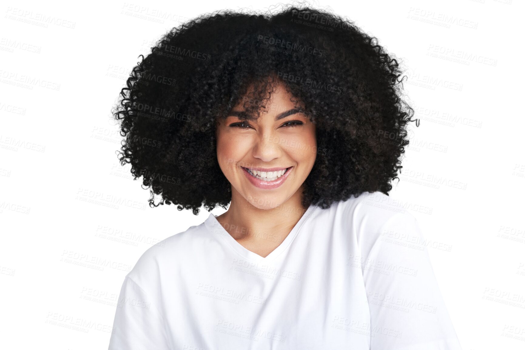 Buy stock photo Excited, young and portrait of beautiful woman with confidence, happy and positive mindset. Happy, smile and face headshot of female model with afro from Mexico isolated by transparent png background