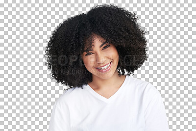 Buy stock photo Beauty, portrait and woman with happiness and curly hair in png with isolated or transparent background in africa. Afro growth, girl face and smile treatment at salon with texture for natural glow.