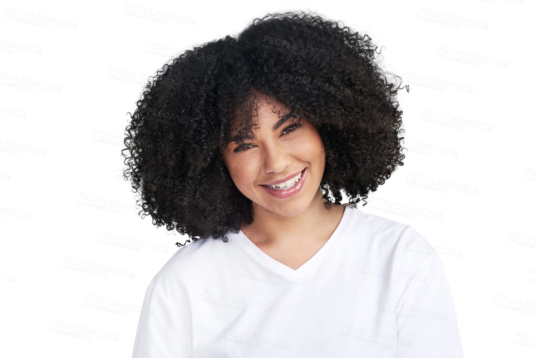 Buy stock photo Beauty, portrait and woman with happiness and curly hair in png with isolated or transparent background in africa. Afro growth, girl face and smile treatment at salon with texture for natural glow.