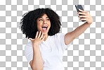 PNG studio shot of an attractive young woman using a smartphone to take selfies.