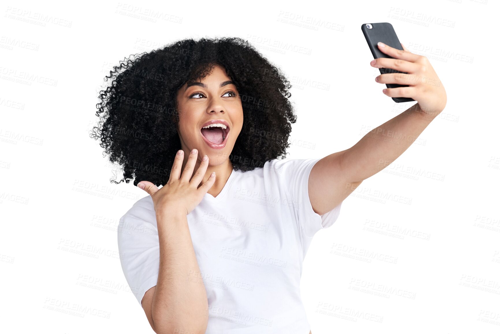 Buy stock photo Isolated woman, afro or excited in selfie for surprise face, app or blog by transparent png background. Young influencer girl, model or student for wow, photography or profile picture on social media