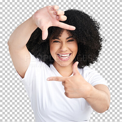 Buy stock photo Isolated woman, afro and fingers frame with beauty, portrait and transparent png background. Girl, African model or student with natural curly hair, happy and fashion with hand sign for photography