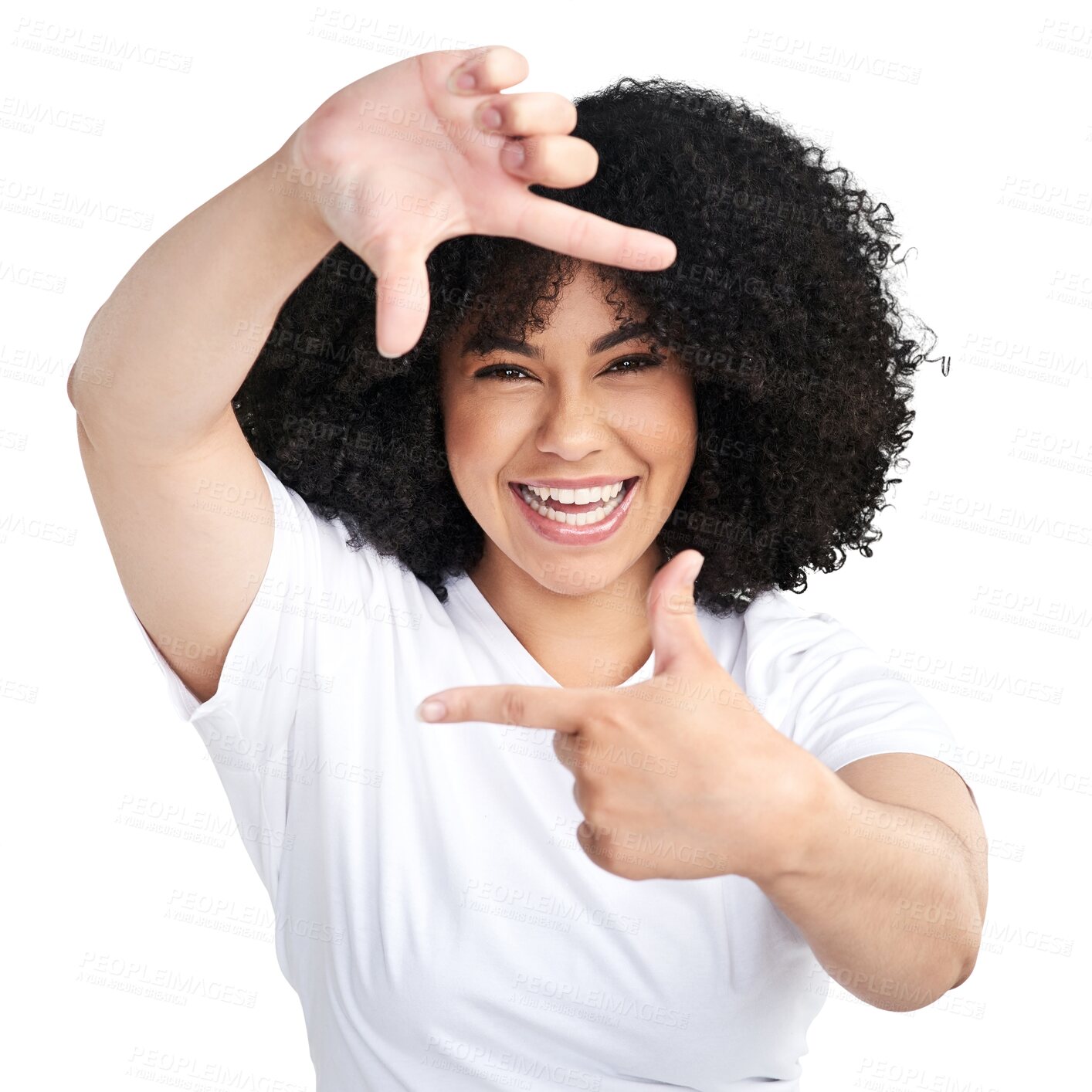 Buy stock photo Isolated woman, afro and fingers frame with beauty, portrait and transparent png background. Girl, African model or student with natural curly hair, happy and fashion with hand sign for photography