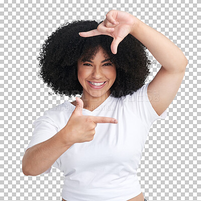 Buy stock photo Isolated woman, afro and finger frame with beauty, portrait and transparent png background. Girl, African model or student with natural curly hair, happy and fashion with hand sign for photography