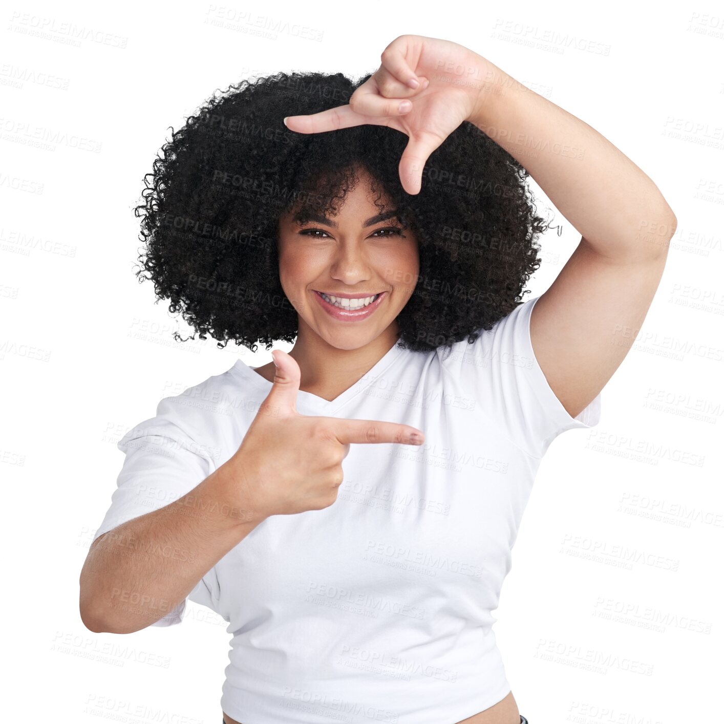 Buy stock photo Isolated woman, afro and finger frame with beauty, portrait and transparent png background. Girl, African model or student with natural curly hair, happy and fashion with hand sign for photography