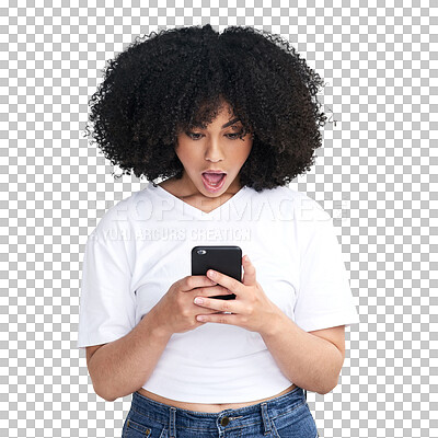 Buy stock photo Wow, surprise and woman reading phone for fake news, gossip or sale, announcement and social media. Shocked, mobile and african person with discount or giveaway isolated on transparent png background