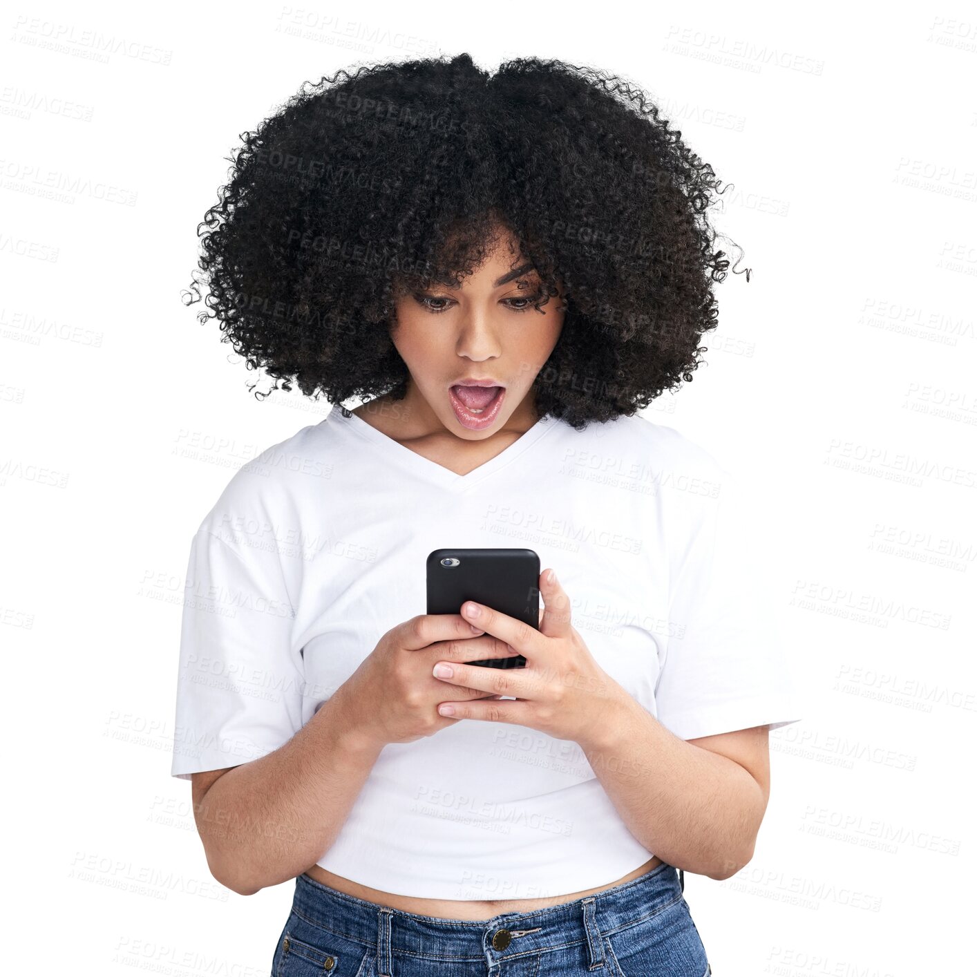 Buy stock photo Wow, surprise and woman reading phone for fake news, gossip or sale, announcement and social media. Shocked, mobile and african person with discount or giveaway isolated on transparent png background