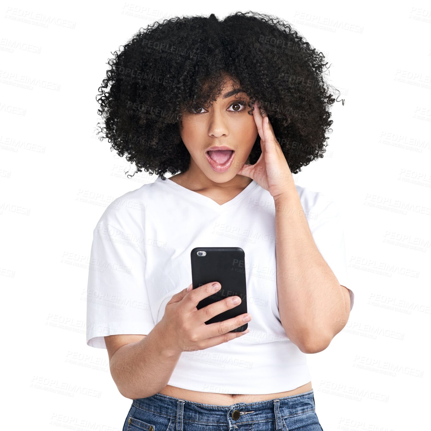 Buy stock photo Surprise, wow and woman portrait for phone news, fashion sale or giveaway on social media. Face, shocked and african person with promo, discount or mobile chat isolated on transparent png background