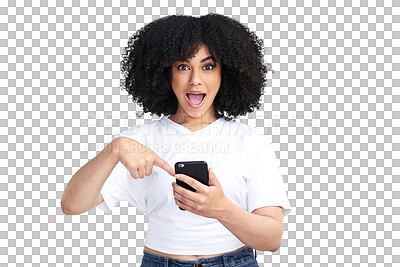 Buy stock photo Wow, woman portrait and pointing to phone of news, fashion sale or giveaway on social media. Excited, surprise and african person for promo, discount and mobile isolated on transparent png background