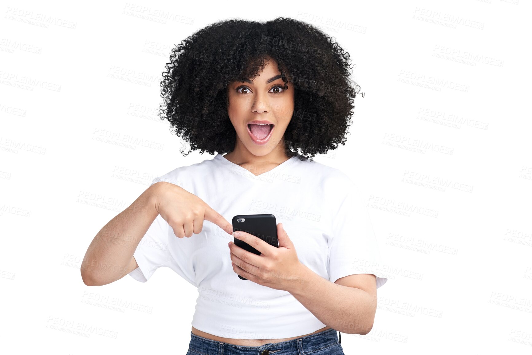 Buy stock photo Wow, woman portrait and pointing to phone of news, fashion sale or giveaway on social media. Excited, surprise and african person for promo, discount and mobile isolated on transparent png background