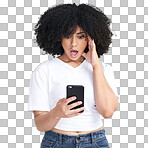 PNG studio shot of an attractive young woman using a smartphone and looking shocked.