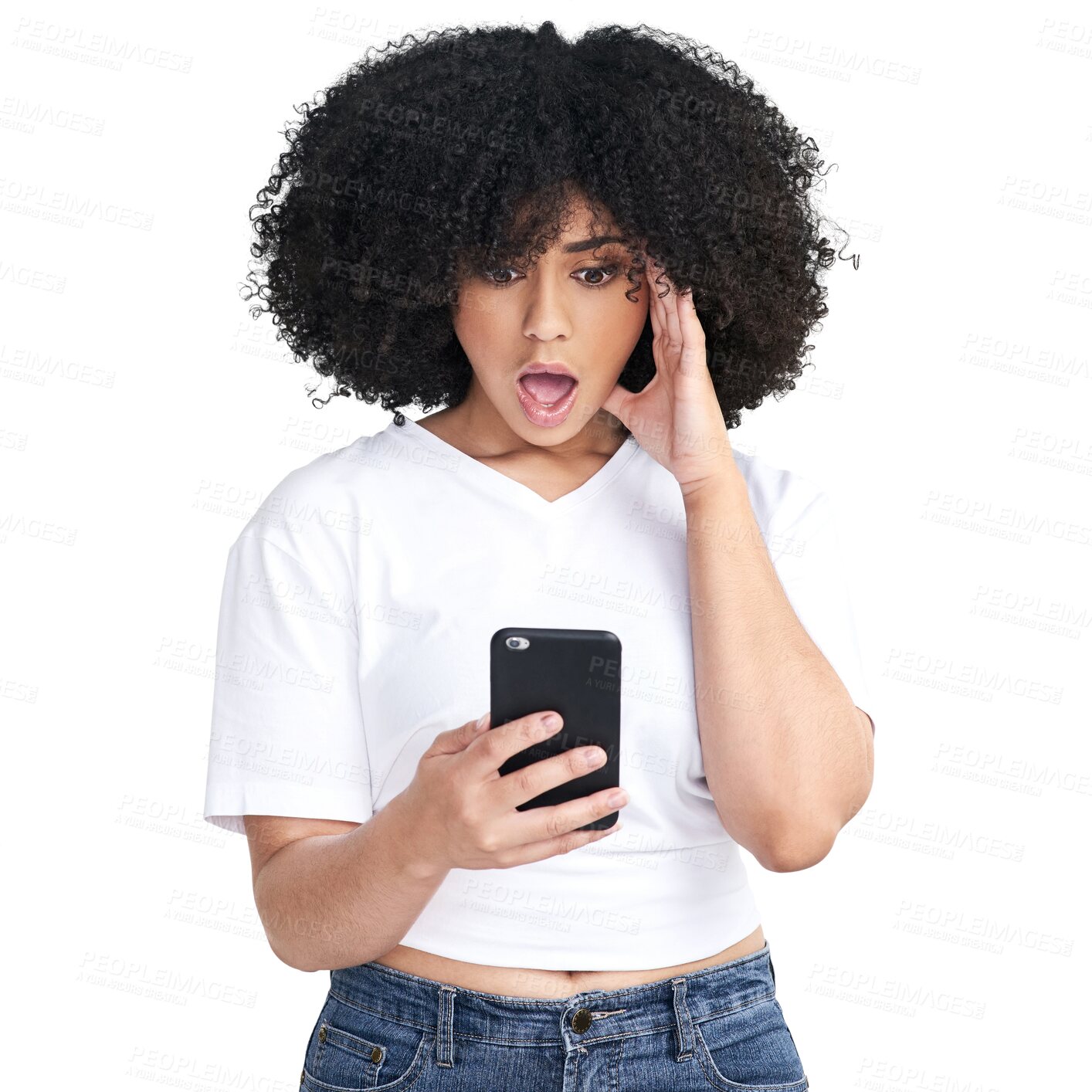 Buy stock photo Stress, surprise and woman reading phone for fake news, gossip or mistake, error and social media. Shocked, mobile and african person with wow for scam or fraud isolated on transparent png background