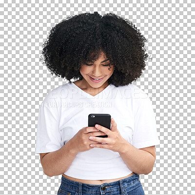 Buy stock photo Internet, contact and black woman with a cellphone, typing and social media isolated on a transparent background. Happy, female person or model with a smartphone, website info and connection with png