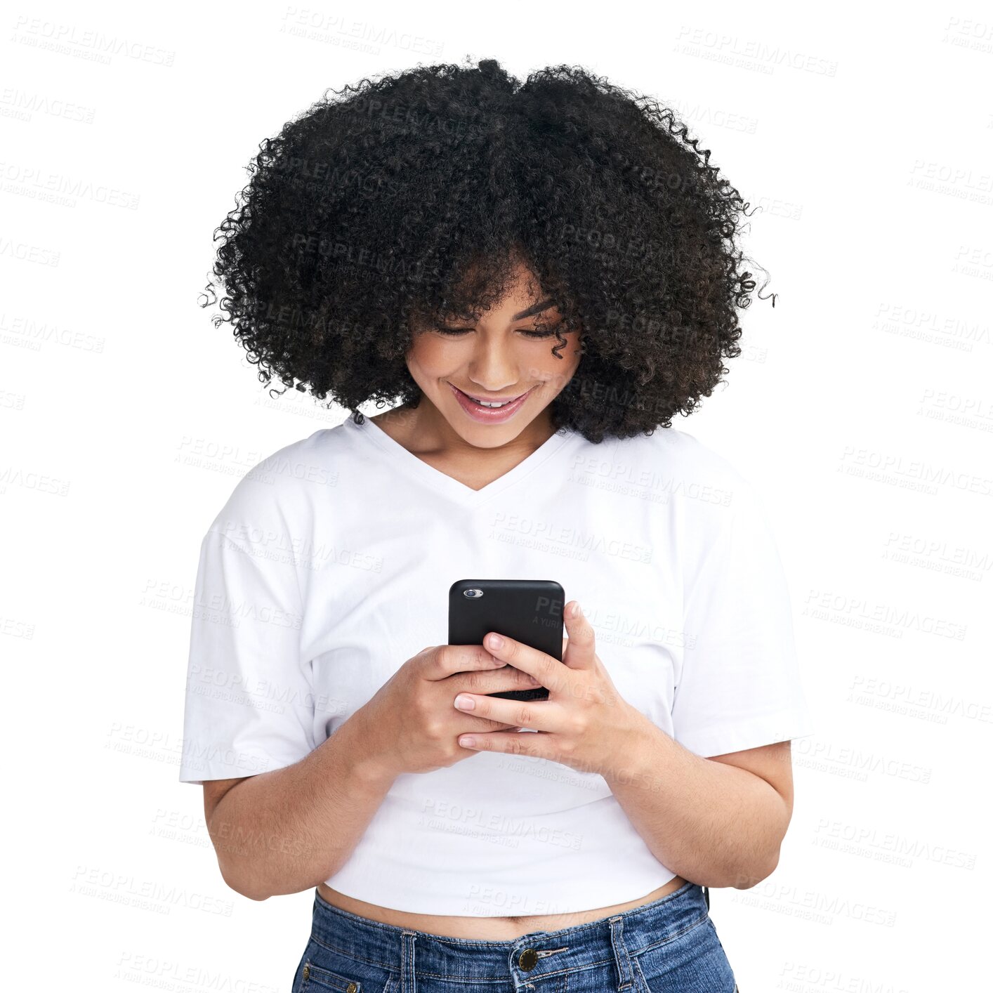 Buy stock photo Internet, contact and black woman with a cellphone, typing and social media isolated on a transparent background. Happy, female person or model with a smartphone, website info and connection with png