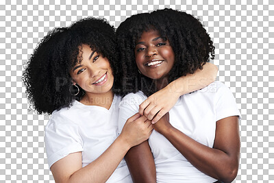 Buy stock photo Happy, love and portrait of a lesbian couple hugging for the queer, lgbtq or gay community. Happiness, smile and interracial female people embracing with care isolated by a transparent png background