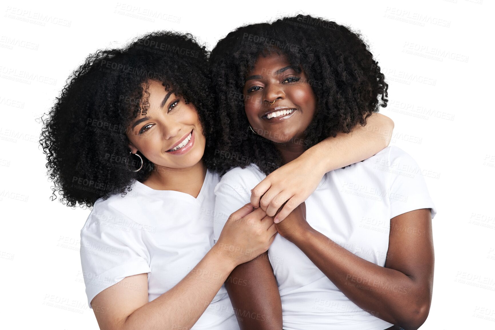 Buy stock photo Happy, love and portrait of a lesbian couple hugging for the queer, lgbtq or gay community. Happiness, smile and interracial female people embracing with care isolated by a transparent png background