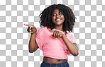 PNG studio shot of an attractive young woman pointing at copy space