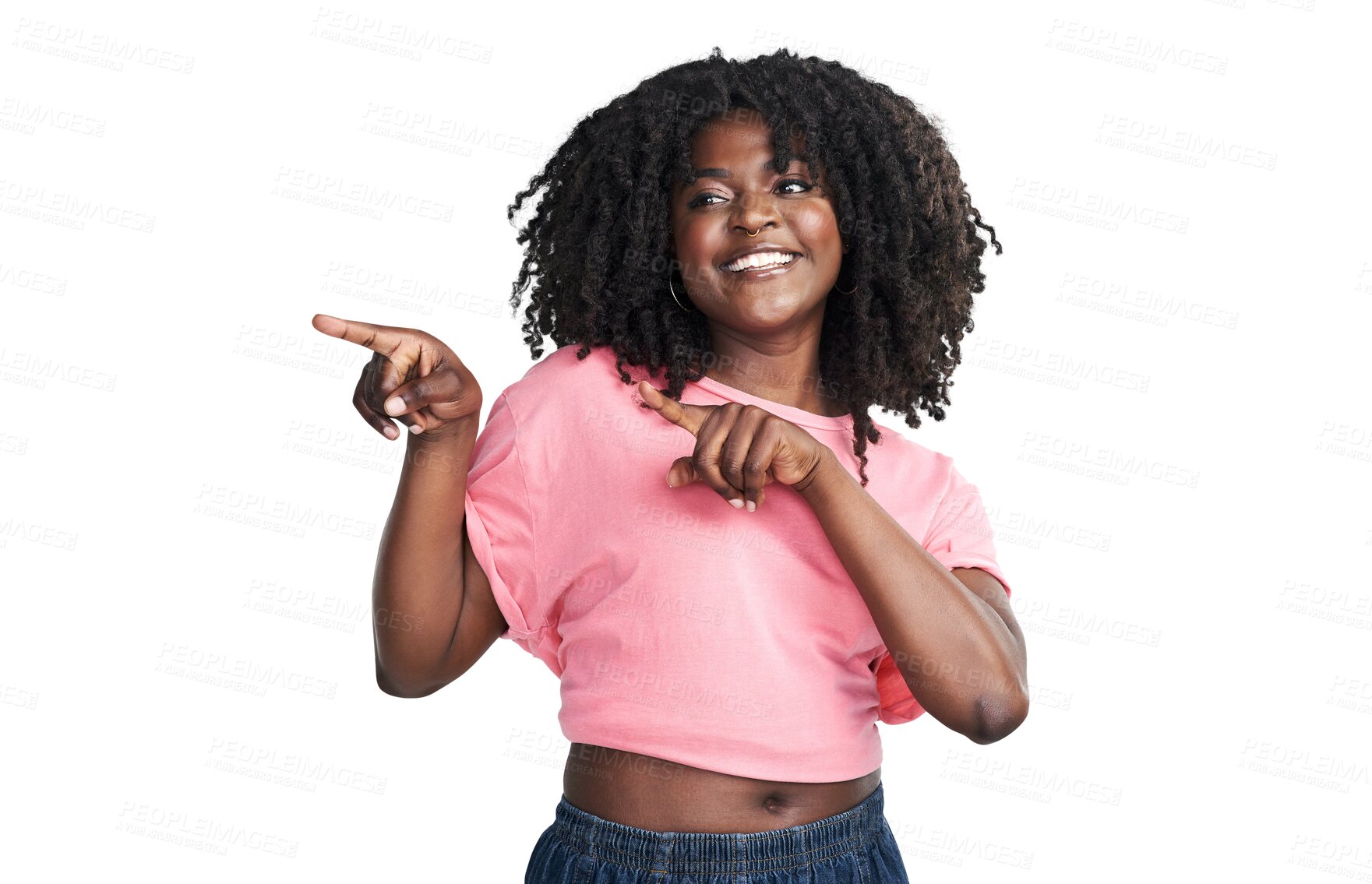 Buy stock photo Pointing, smile and black woman with a promotion, opportunity and decision isolated against a transparent background. African, female person and model with hand gesture, choice and png with a deal