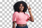 PNG studio shot of an attractive young woman making a peace gesture.