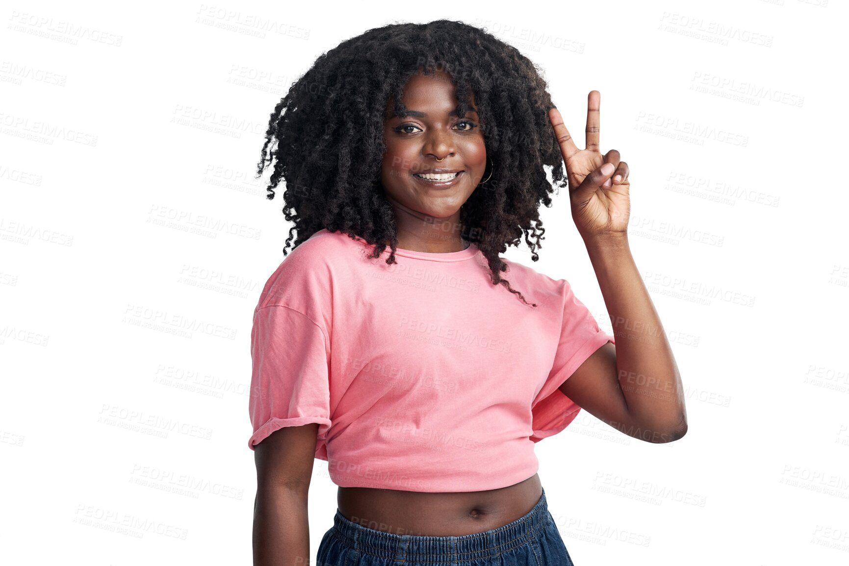 Buy stock photo Portrait, peace sign and black woman with a smile, support and cheerful girl isolated against a transparent background. Face, female person and happy model with v symbol, emoji and png with happiness