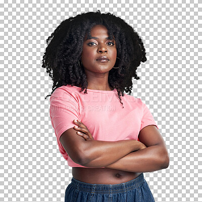 Buy stock photo Portrait, serious and black woman with arms crossed, empowerment and confident girl isolated against a transparent background. Face, female person or model with freedom, assertive and png with vision