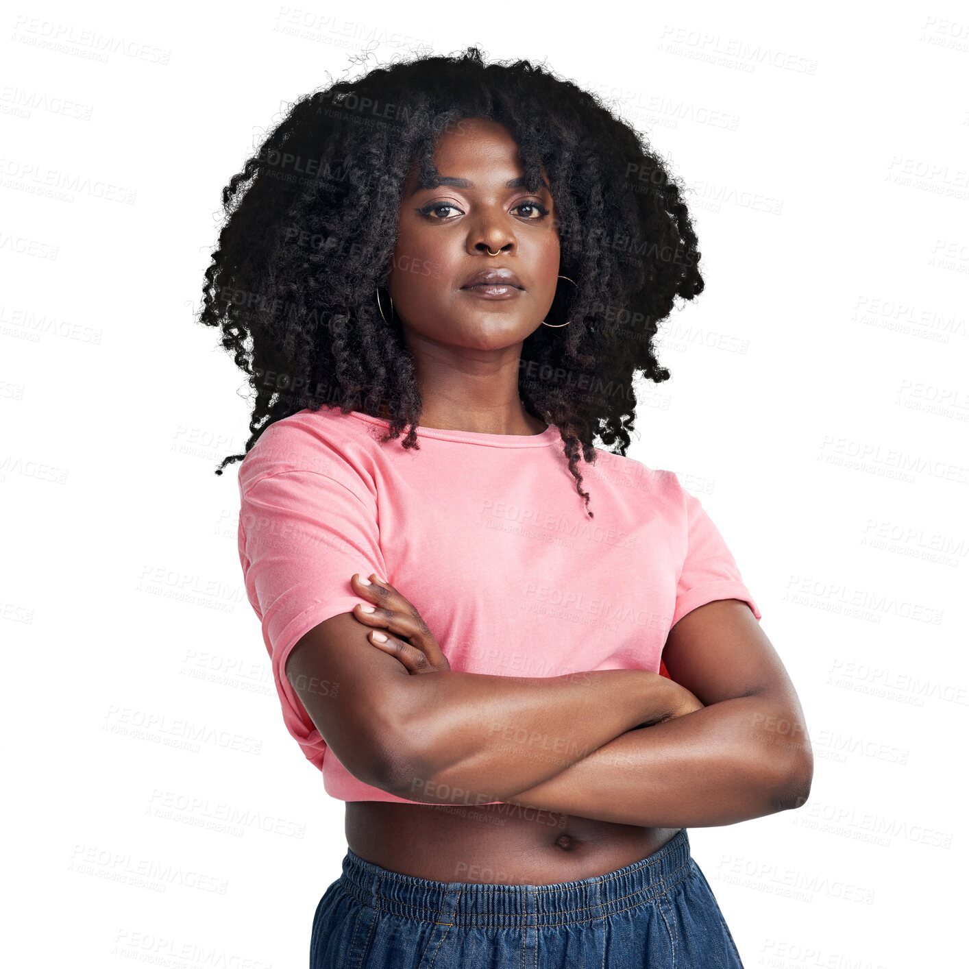 Buy stock photo Portrait, serious and black woman with arms crossed, empowerment and confident girl isolated against a transparent background. Face, female person or model with freedom, assertive and png with vision