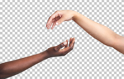 Buy stock photo Closeup, support and hands with solidarity, teamwork and celebration isolated against a transparent background. Zoom, women and models with cooperation, hand and deal with png, community and trust