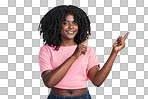 PNG studio shot of an attractive young woman pointing at copy space.