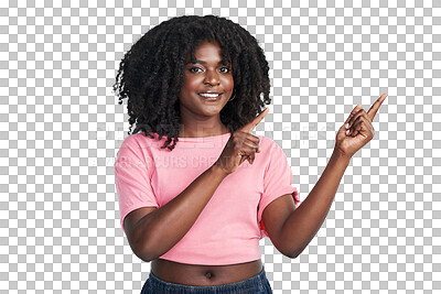 Buy stock photo Portrait, smile and black woman with promotion, pointing and decision isolated against a transparent background. Face, female person and model with hand gesture, choice and deal with png and sale