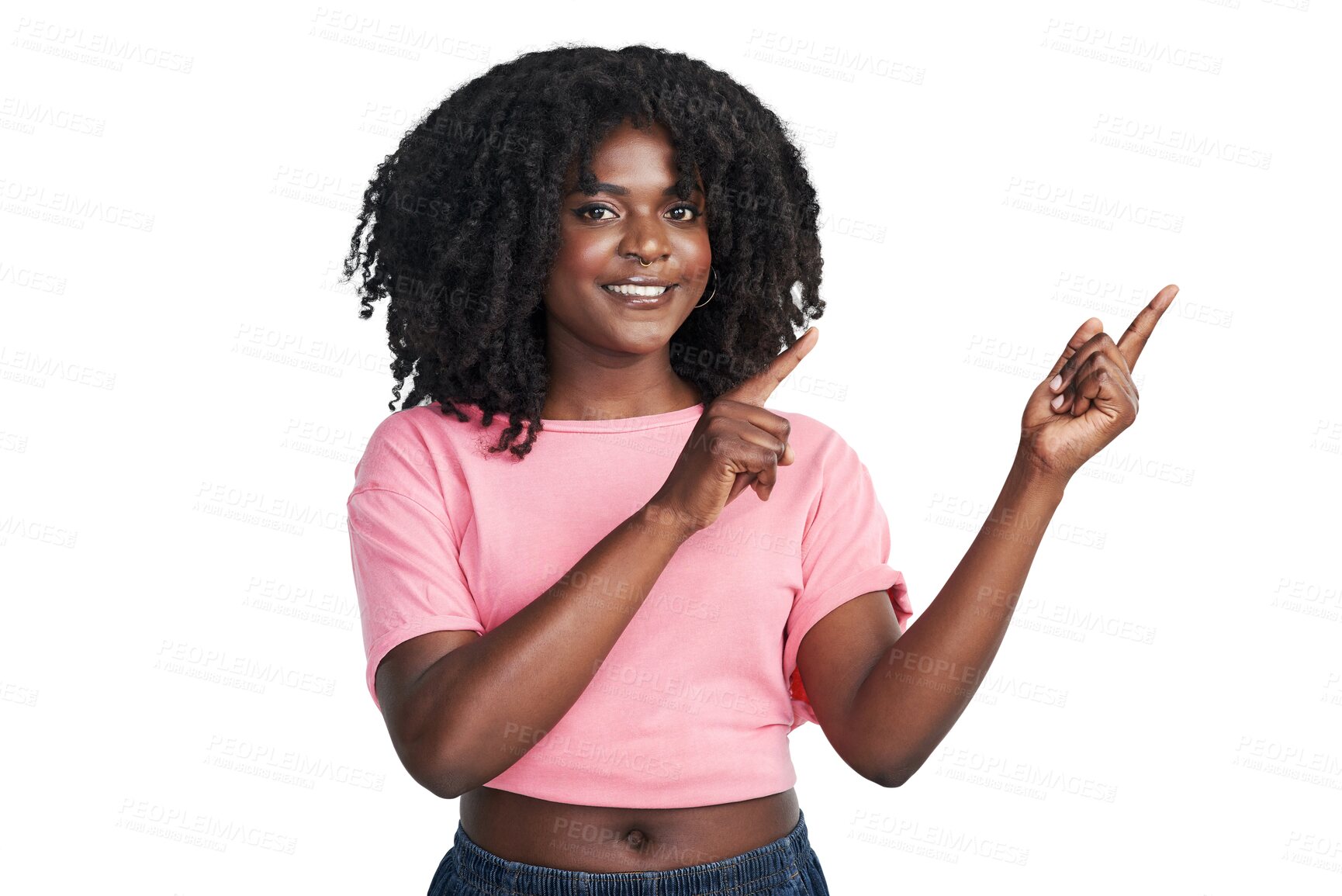 Buy stock photo Portrait, smile and black woman with promotion, pointing and decision isolated against a transparent background. Face, female person and model with hand gesture, choice and deal with png and sale