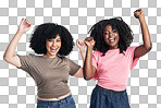 PNG studio shot of two young women cheering.