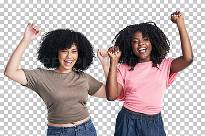 Buy stock photo Isolated, women friends and afro with celebration dance, winning and portrait on transparent png background. Gen z girl students, black woman and dancing for success, goals and excited with support