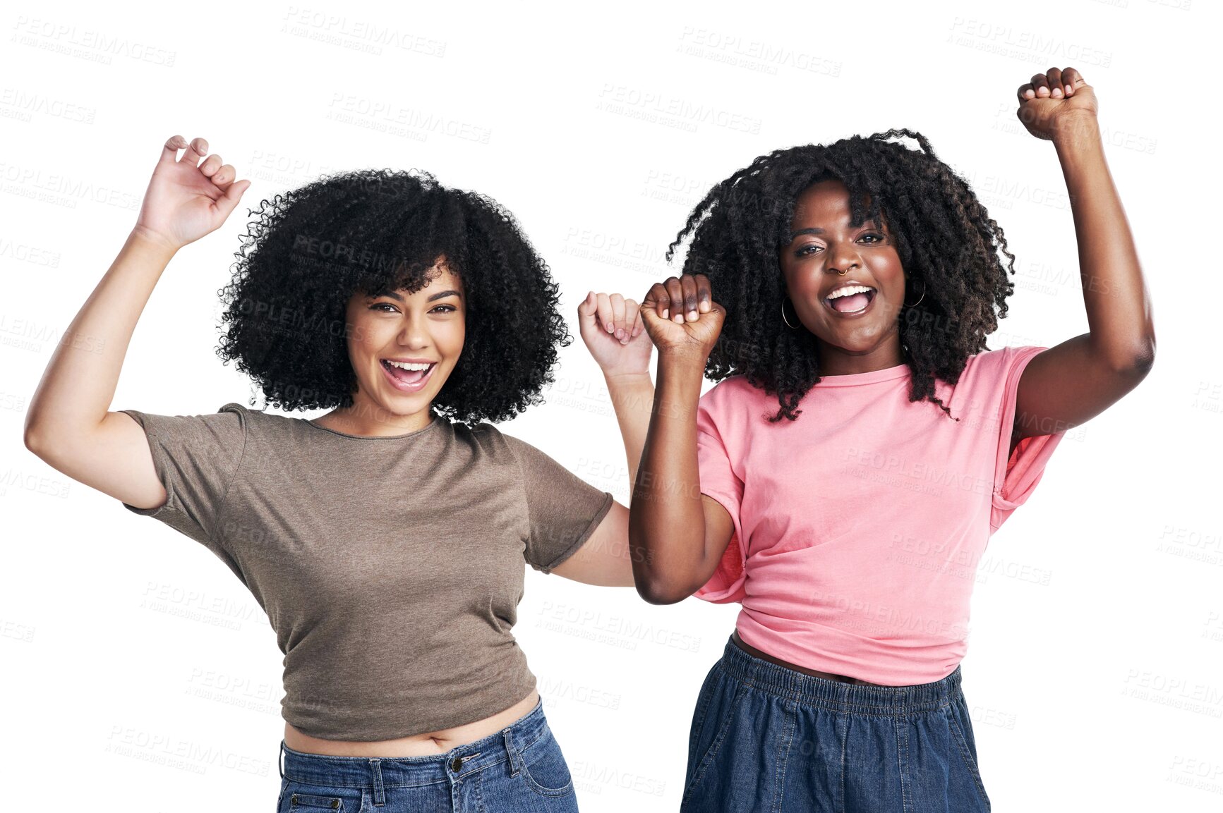 Buy stock photo Isolated, women friends and afro with celebration dance, winning and portrait on transparent png background. Gen z girl students, black woman and dancing for success, goals and excited with support