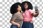 PNG Studio shot of two young women using a smartphone to take selfies 