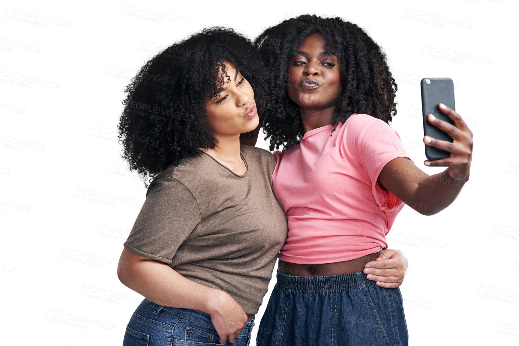 Buy stock photo Isolated, women friends and afro in selfie, pout and kiss with funny face by transparent png background. African gen z girl, students or black woman with profile picture, social network app or blog