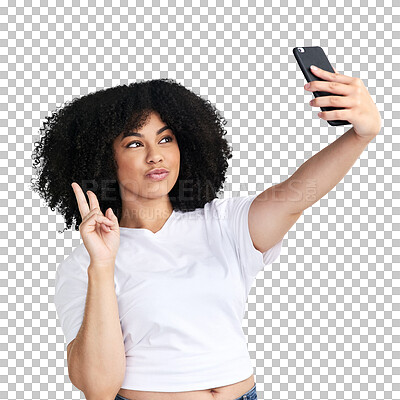 Buy stock photo Isolated woman, afro or peace sign in selfie for emoji, app and kiss by transparent png background. Young influencer girl, model or student with photography, profile picture or icon on social media