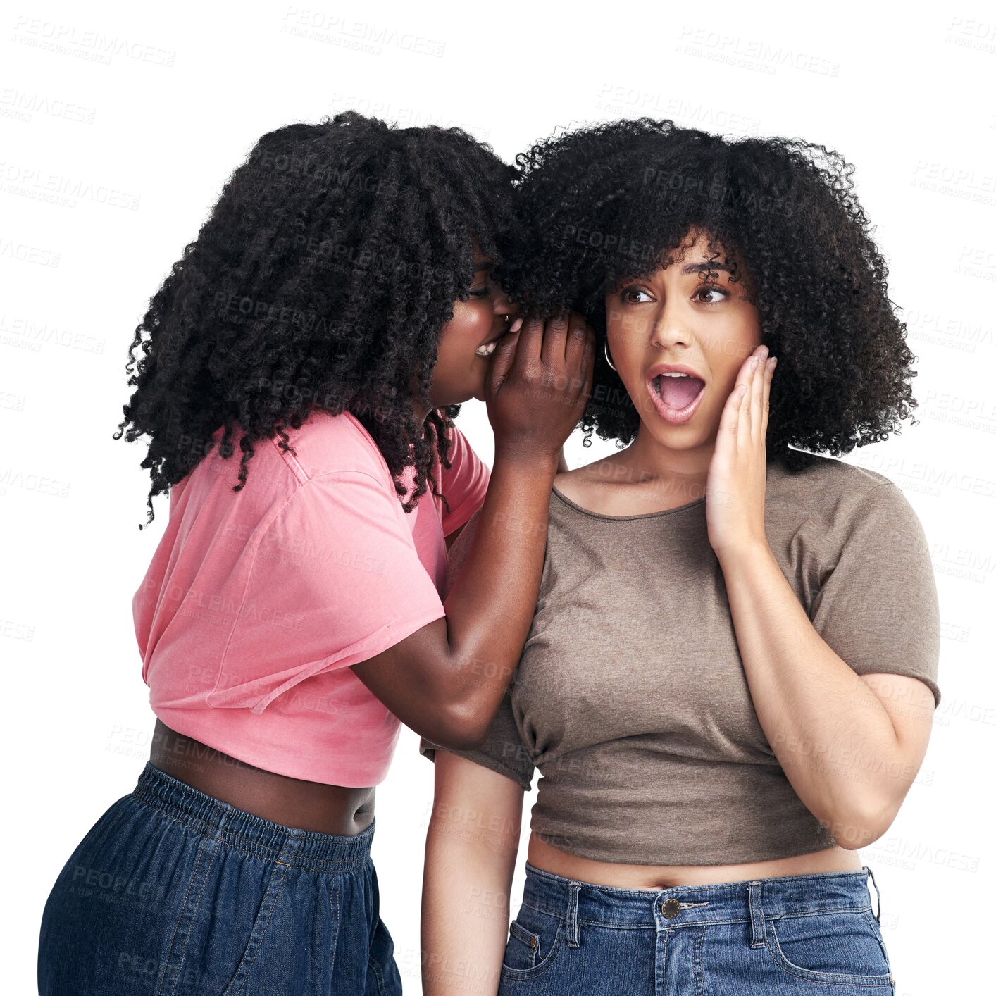 Buy stock photo Isolated, women friends and whisper with wow, gossip and funny joke by transparent png background. Girl students, black woman and talking with secret, story and shock for news, update or comic chat