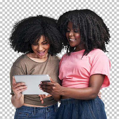 Buy stock photo Isolated, women together and tablet with afro, laugh and comic meme on web by transparent png background. Gen z girl students, black woman and friends with touchscreen for social network, app or blog