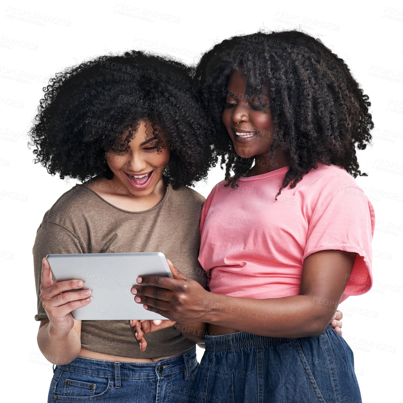 Buy stock photo Isolated, women together and tablet with afro, laugh and comic meme on web by transparent png background. Gen z girl students, black woman and friends with touchscreen for social network, app or blog