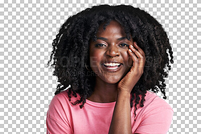 Buy stock photo Portrait, smile and black woman with humor, funny and confident model isolated against a transparent background. Face, female person and girl with happiness, afro and laughing with png and mindset 