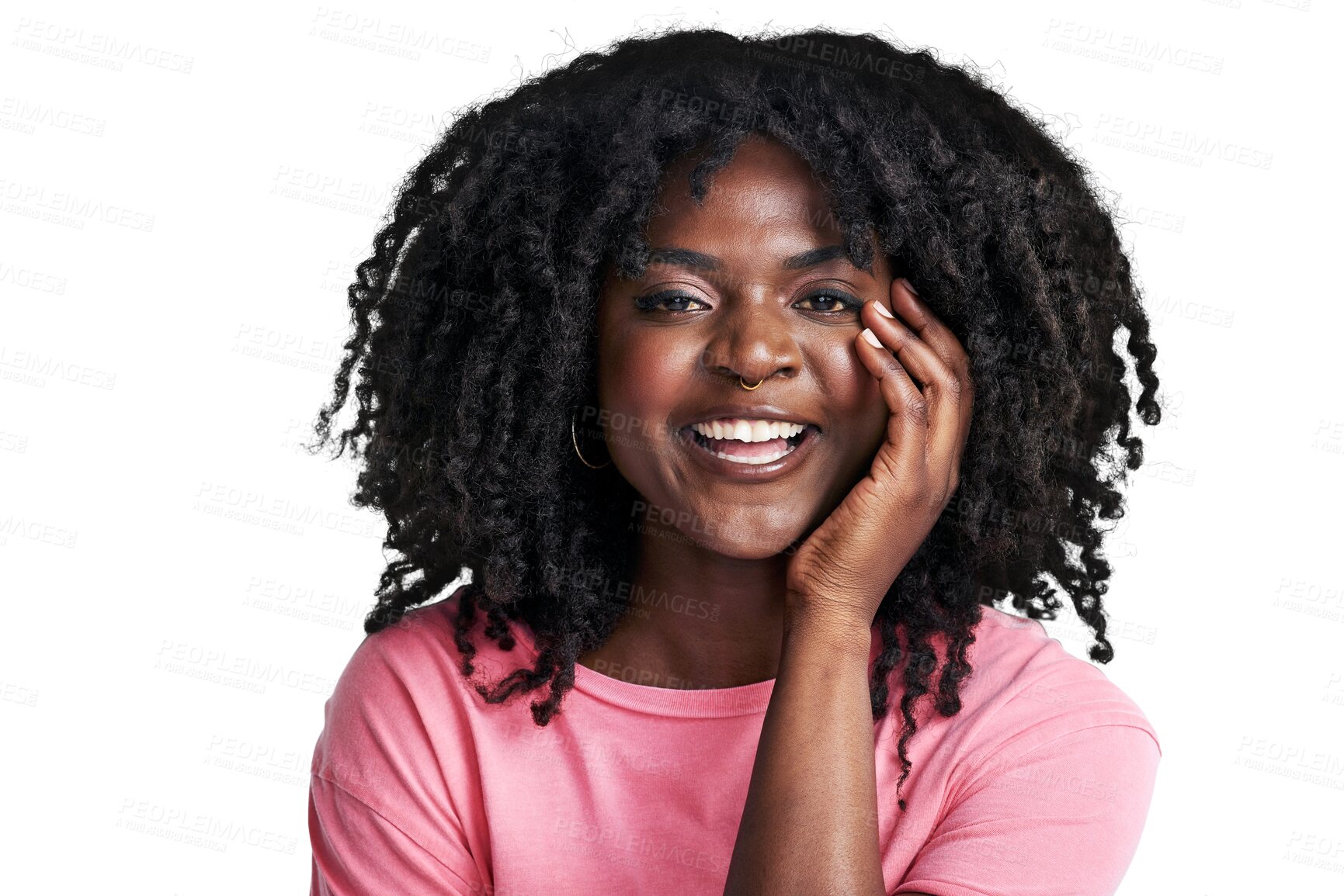 Buy stock photo Portrait, smile and black woman with humor, funny and confident model isolated against a transparent background. Face, female person and girl with happiness, afro and laughing with png and mindset 