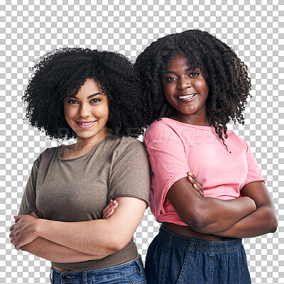 Buy stock photo Isolated, women together and afro with arms crossed, portrait or solidarity on transparent png background. Gen z girl students, black woman and support with smile, teamwork or partner for empowerment